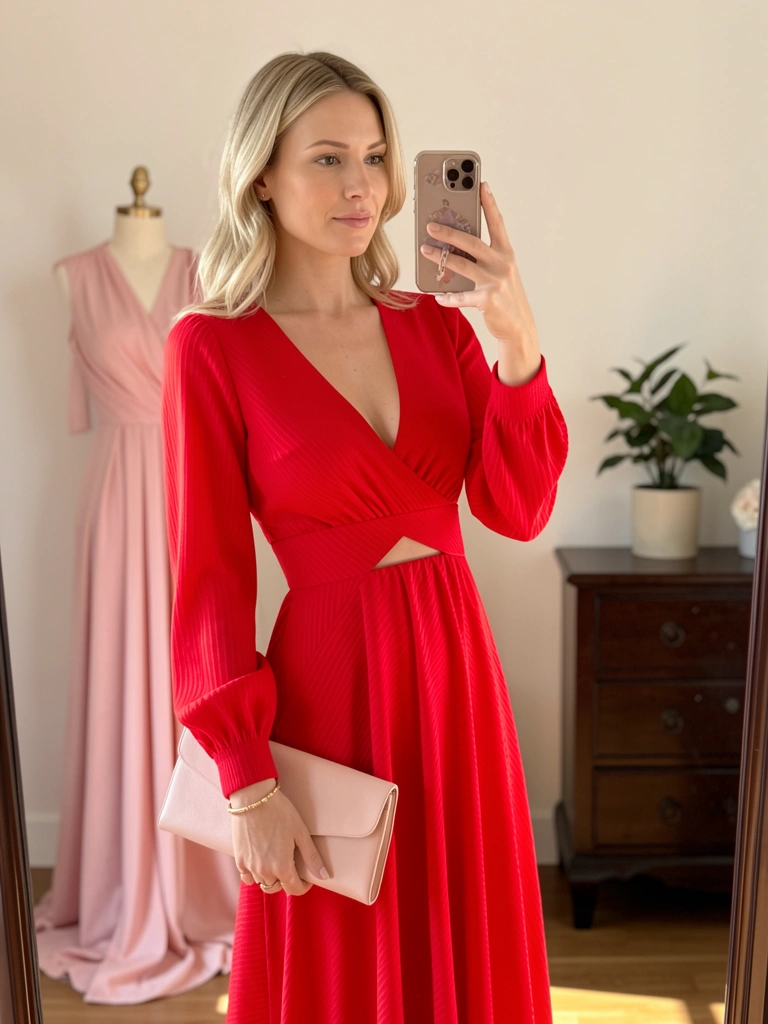 Mulher loira tirando selfie com vestido vermelho decotado e bolsa rosa claro, manequim com vestido rosa ao fundo, luz natural.