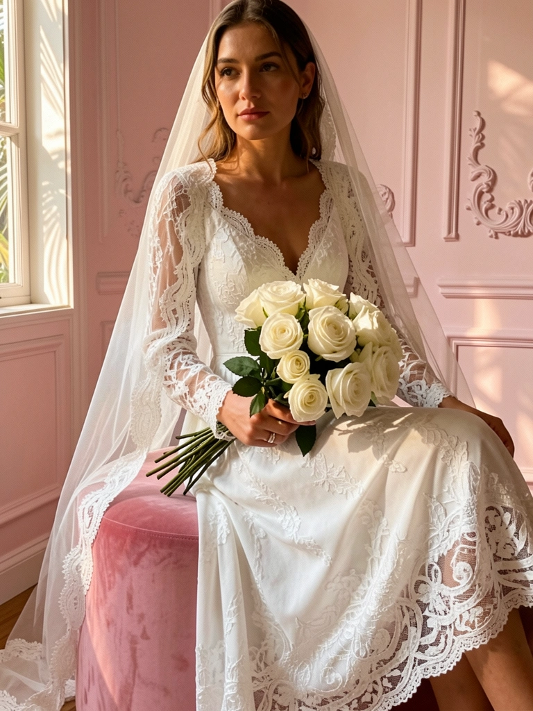 Vestido branco de renda sobre mulher em otomana de veludo rosa, buquê de rosas brancas e véu transparente, luz natural suave.