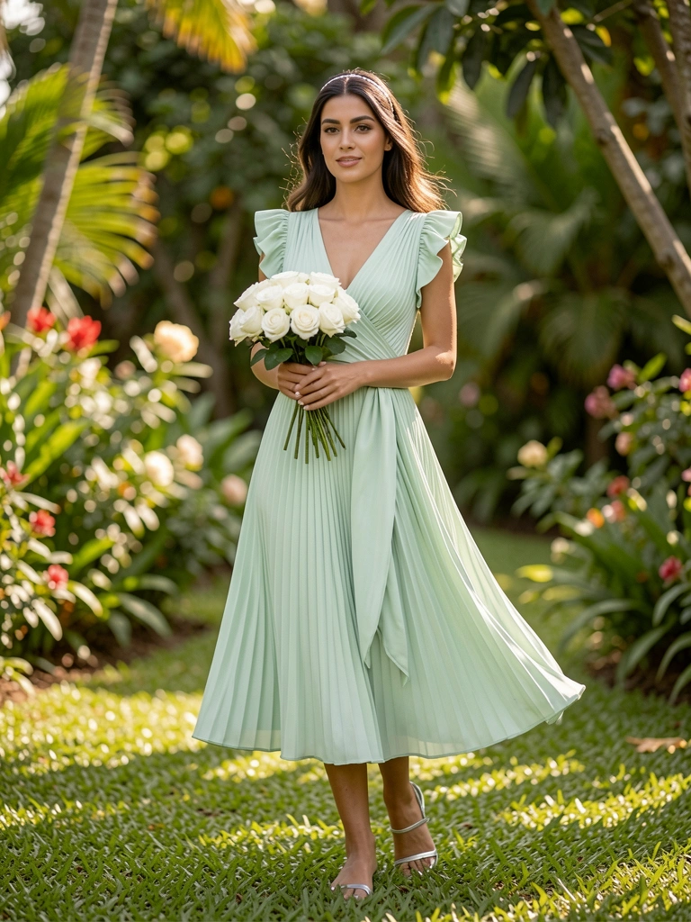 Mulher com vestido verde menta plissado e buquê de rosas brancas em jardim com luz natural, árvores desfocadas ao fundo.