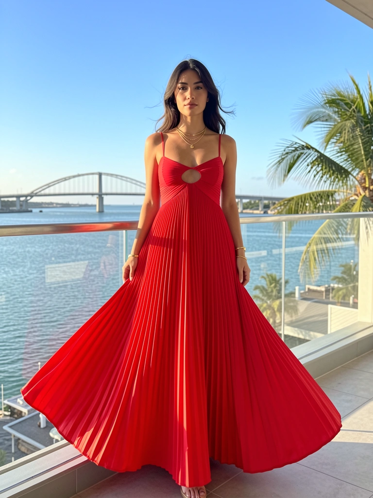 Mulher com vestido vermelho plissado de alças finas e decote recortado, em pé em varanda moderna com vista para o porto e ponte ao fundo, céu azul claro e luz natural.