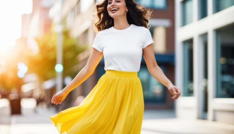 saia amarela estampada com que blusa
