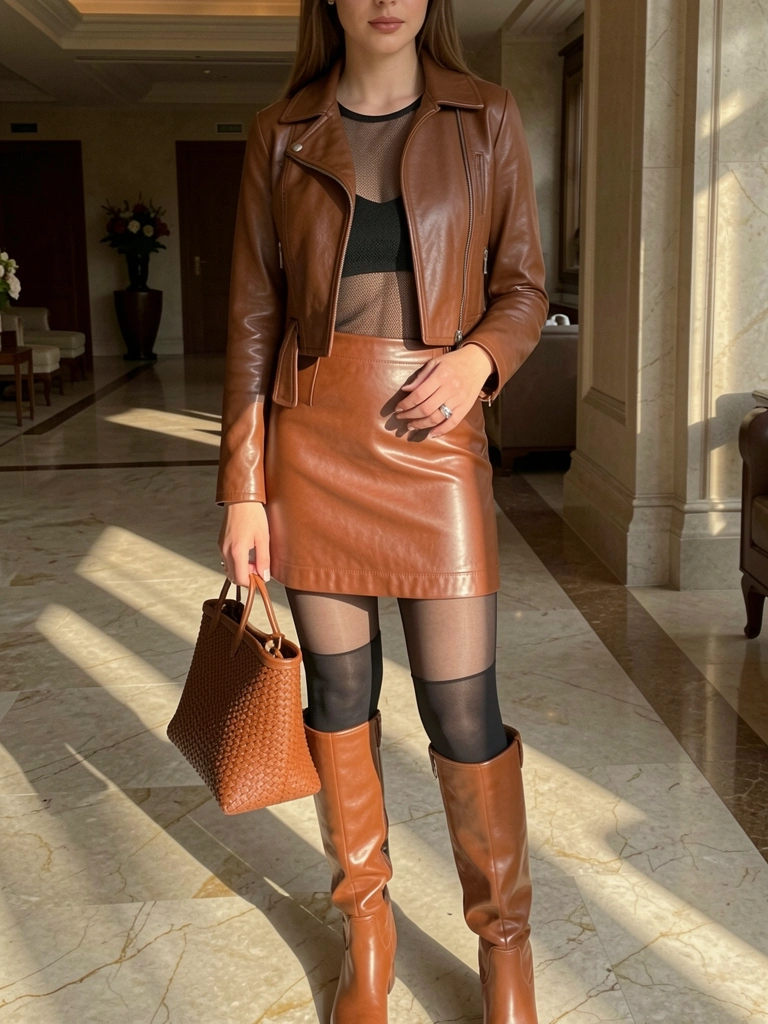 Mulher com jaqueta e saia de couro marrom, meia-calça preta e botas, segurando bolsa de palha em lobby de hotel com mármore e luz natural.