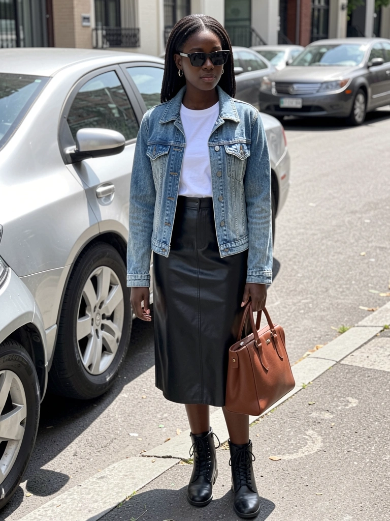 Jovem negra de jaqueta jeans desbotada e saia de couro preta, bolsa marrom na mão, óculos escuros, carro prateado estacionado, luz natural de dia ensolarado.