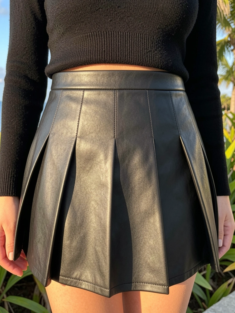 Close-up de saia midi de couro preta com pregas e costuras visíveis, combinada com gola alta preta, luz natural e fundo desfocado com folhagens.