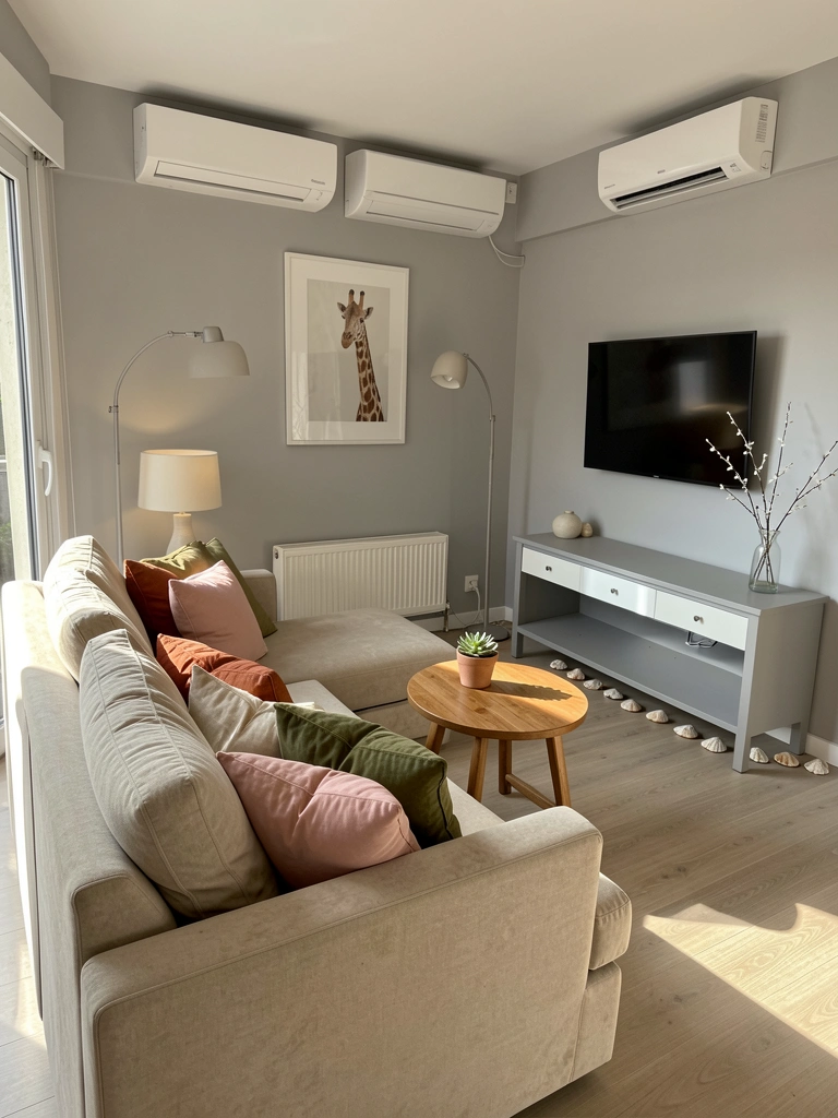 Sofá bege com almofadas em verde oliva, terracota e rosa blush, mesa lateral redonda de madeira com suculenta, console cinza claro com vaso de galhos brancos, ar condicionado e TV na parede, conchas no chão.
