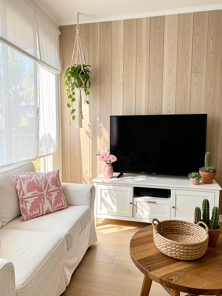 Sofá de linho branco com almofada geométrica rosa e branca, painel ripado bege, macramê pendente e planta, luz natural.