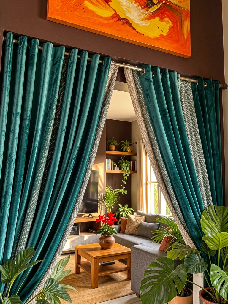 Cortinas de veludo verde-azulado penduradas perto do teto, com estampas e uma pintura abstrata laranja e amarela acima; sofá cinza, mesa de centro de madeira e plantas.