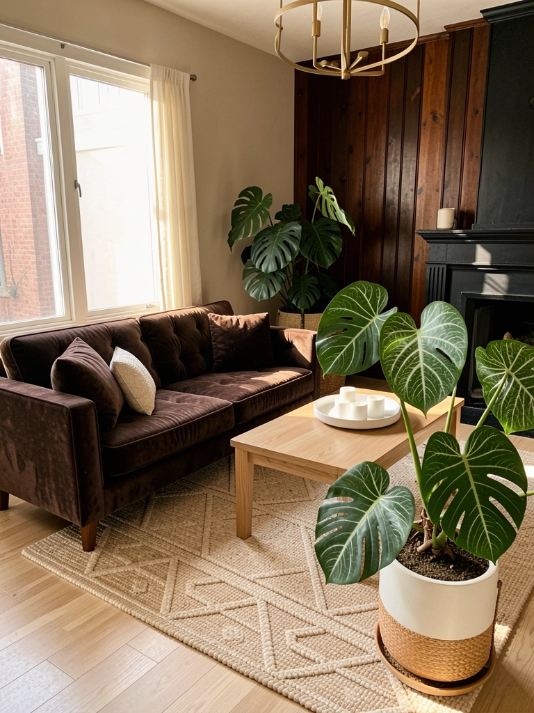 Tapete bege com padrão geométrico, sofá marrom escuro de veludo, mesa de centro de madeira clara com bandeja de cerâmica branca e velas, e um grande vaso de Monstera deliciosa sob luz natural.