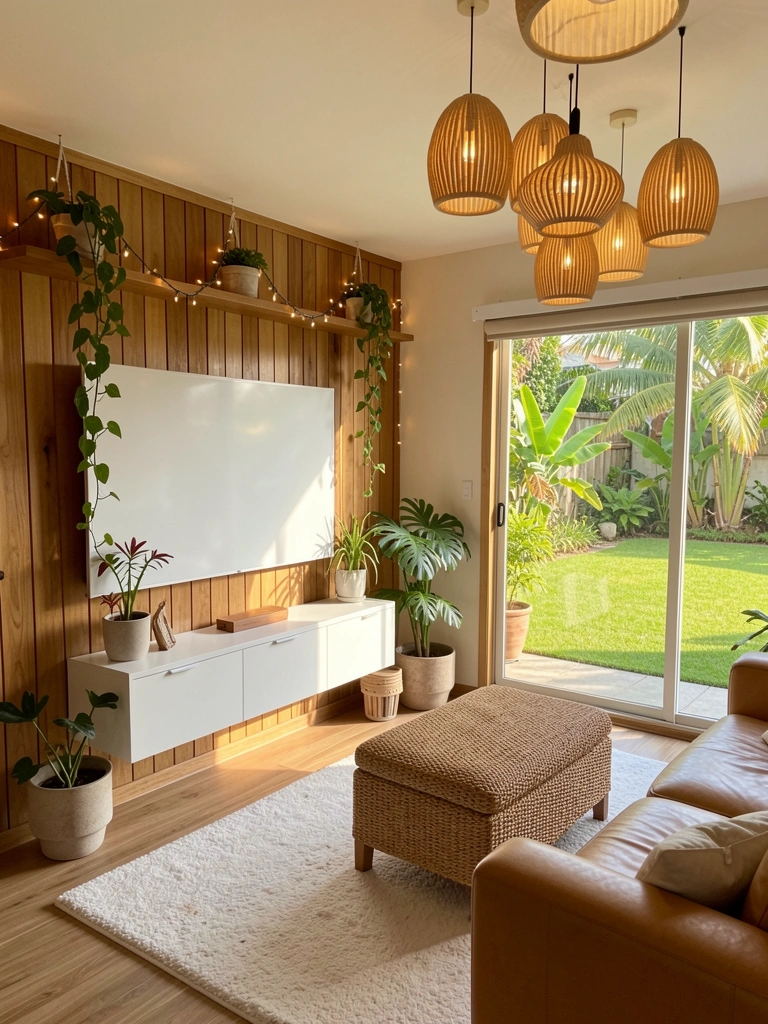 Sofá de couro marrom claro com pufe trançado, painel de madeira e plantas penduradas, luz natural filtrada por janela ampla.