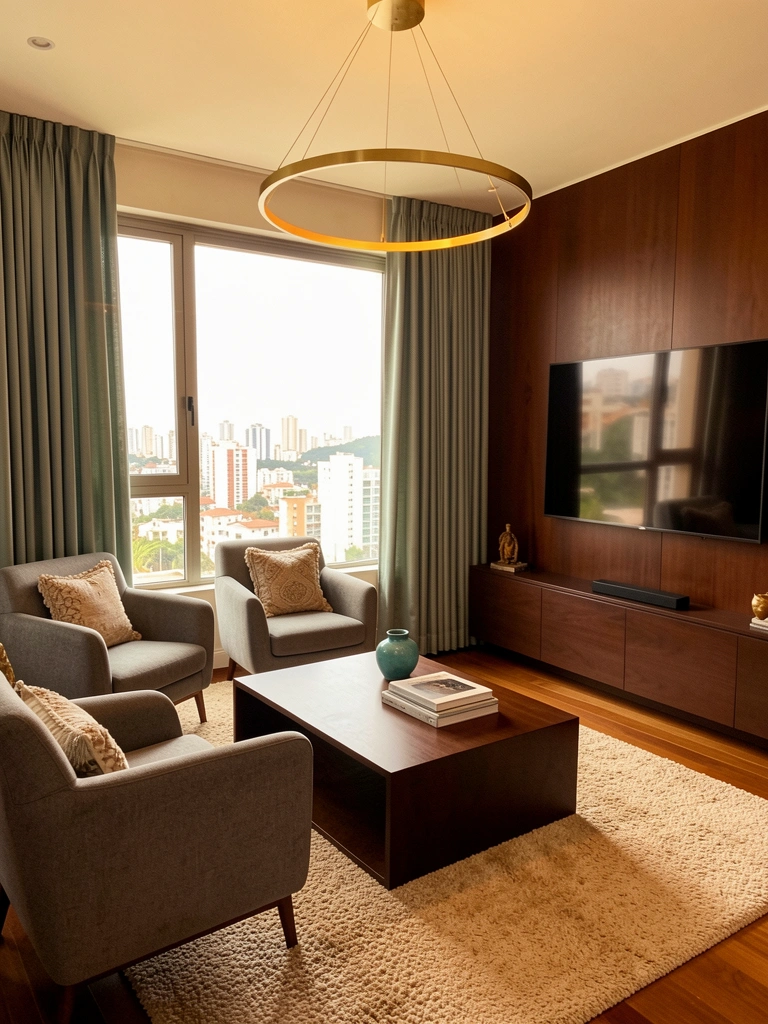 Luz natural incide sobre tapete bege e mesa de centro de madeira escura com livros e vaso azul-petróleo, poltronas cinzas e lustre dourado ao fundo.