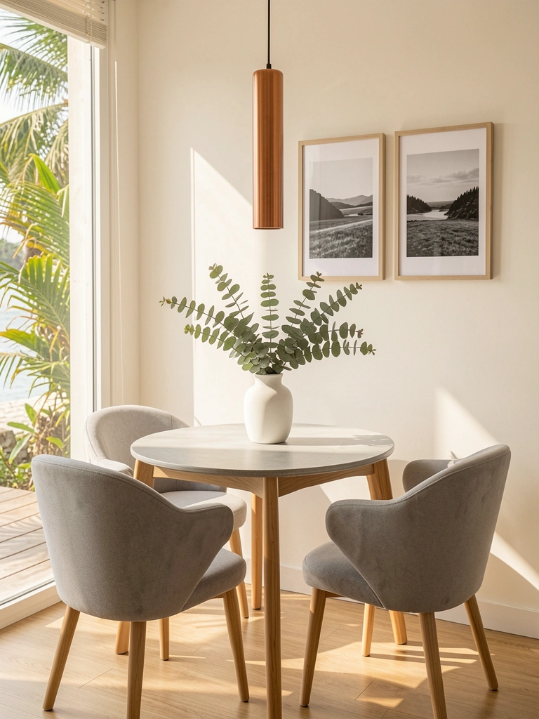 Mesa redonda de madeira clara com cadeiras estofadas cinza, vaso branco com eucalipto e pendente de cobre alongado sobre a mesa.
