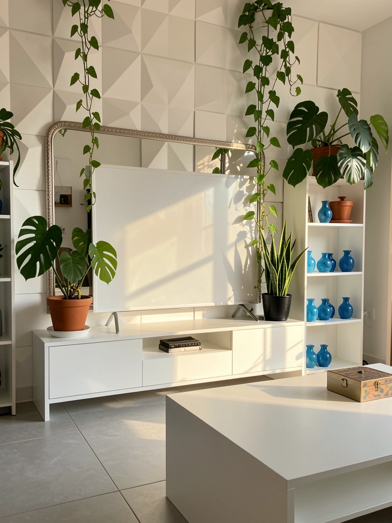 Luz natural incide sobre TV grande, prateleira com Monstera e samambaia pendente, painel geométrico branco na parede.