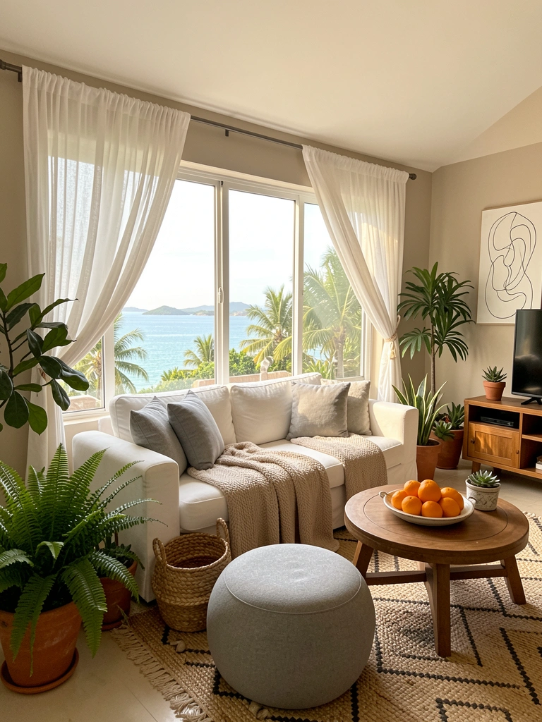 Sala com sofá branco, almofadas cinza e manta bege; mesa redonda de madeira com tigela de laranjas; vasos de samambaia e suculentas; cortinas brancas ao vento com vista para o oceano.