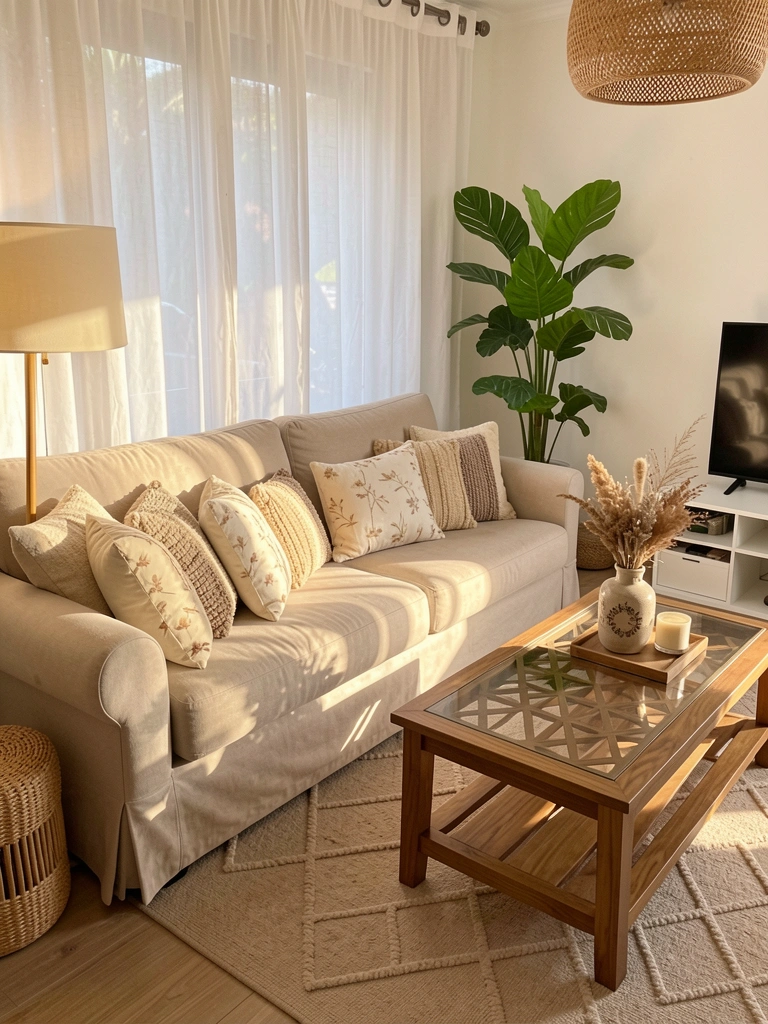 Sofá bege claro com almofadas estampadas, mesa de centro com tampo de vidro geométrico, vaso com folhagens e luminária de palha, luz natural filtrada por cortina branca.
