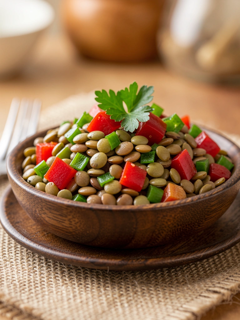 Tigela de salada de lentilhas com pimentões e salsinha sobre prato rústico de madeira escura e pano de juta, luz natural suave e garfo prateado à esquerda.