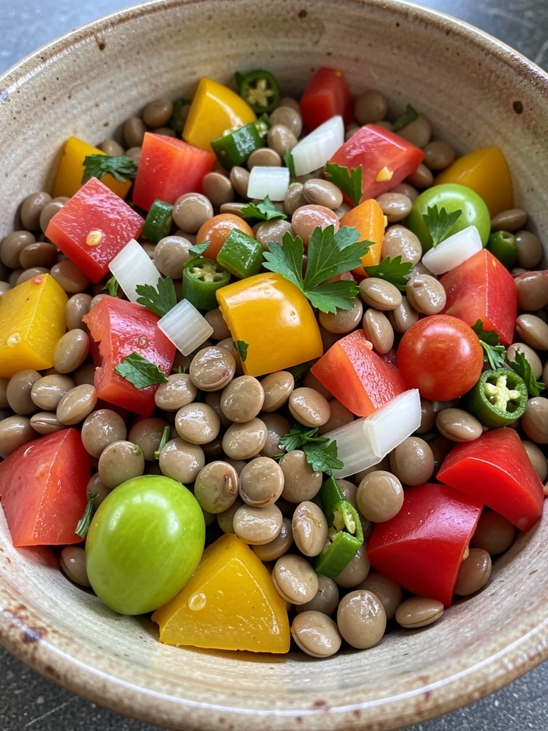 Tigela de barro rústica com salada de lentilha, tomate, pimentão e salsinha, luz natural difusa destacando texturas.