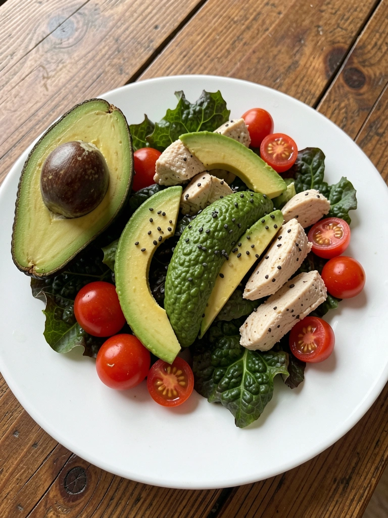 Mesa posta com travessa de salada colorida, prato principal e talheres sob luz natural