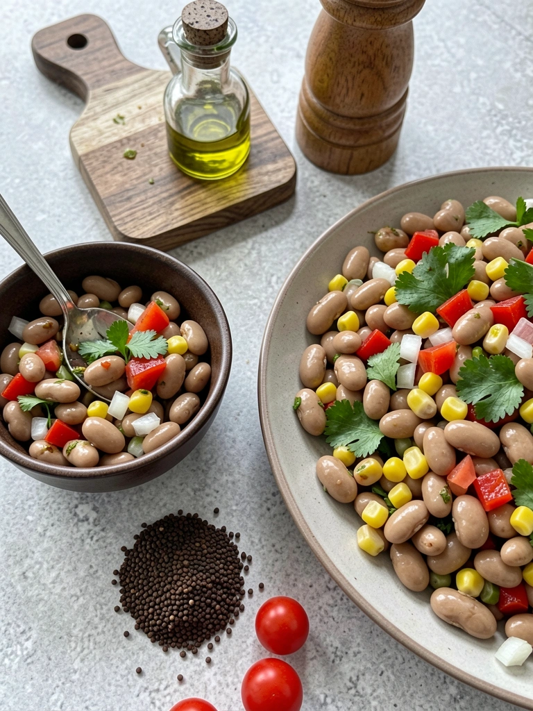 Duas tigelas lado a lado: uma pequena com folhas verdes e outra grande com salada colorida de grão-de-bico, tomate e cenoura