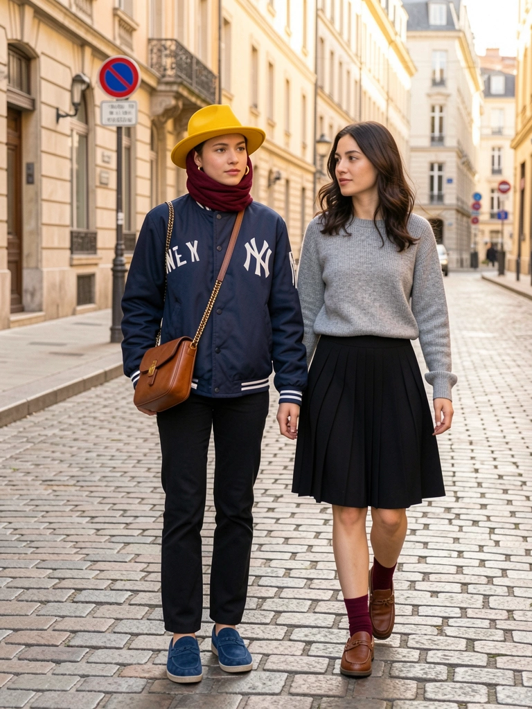 Jovem de jaqueta azul marinho e fedora amarela em rua de paralelepípedos, bolsa de couro marrom, cachecol vinho, luz natural quente.