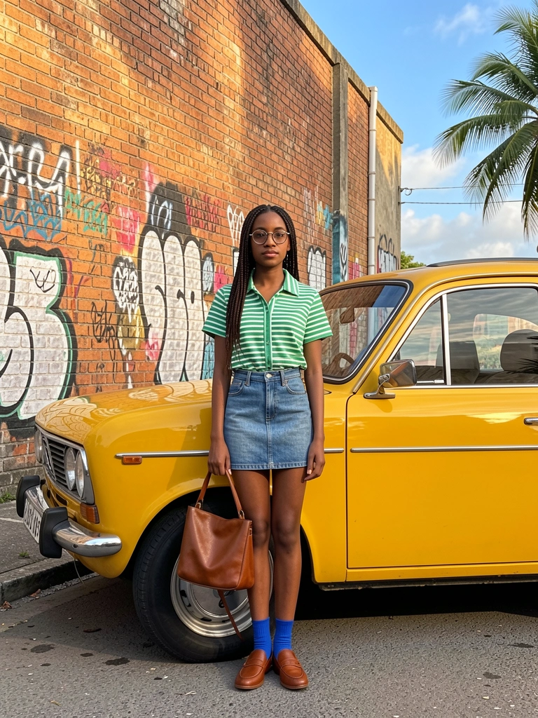 Mulher de tranças, camisa listrada verde e branca, saia jeans e sapatos marrons ao lado de carro amarelo vintage, parede de tijolos com grafite ao fundo, luz natural quente.