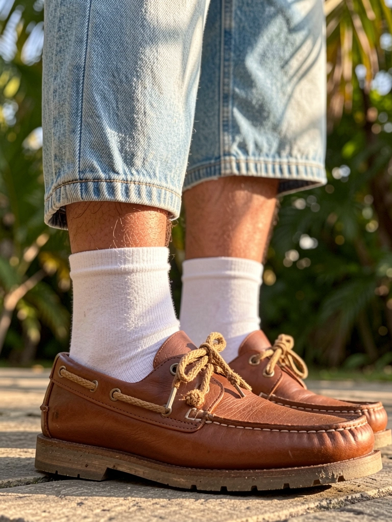 Pés masculinos com sapatos marrons de couro, meias brancas e shorts jeans claros em luz natural com folhagem ao fundo.