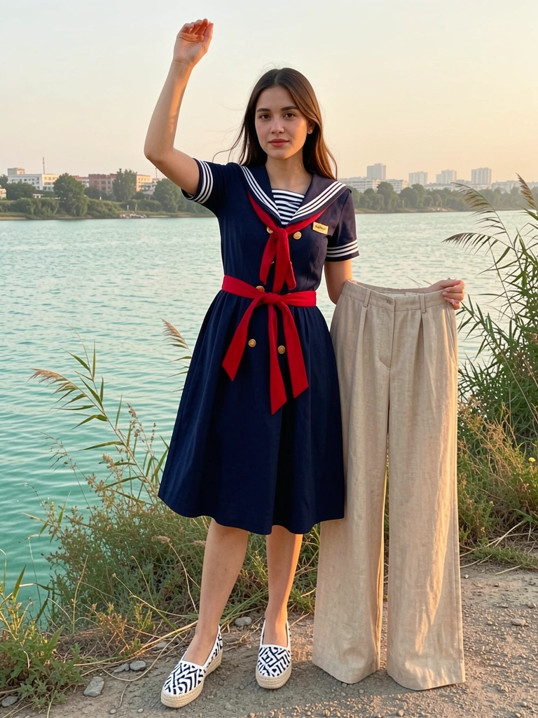 Jovem em vestido azul marinho com listras brancas, detalhes dourados e faixa vermelha, posa com a mão levantada diante de rio turquesa e cidade ao entardecer. Ao lado, calça de linho bege de perna larga. Sapatos de espadrille branco e azul.