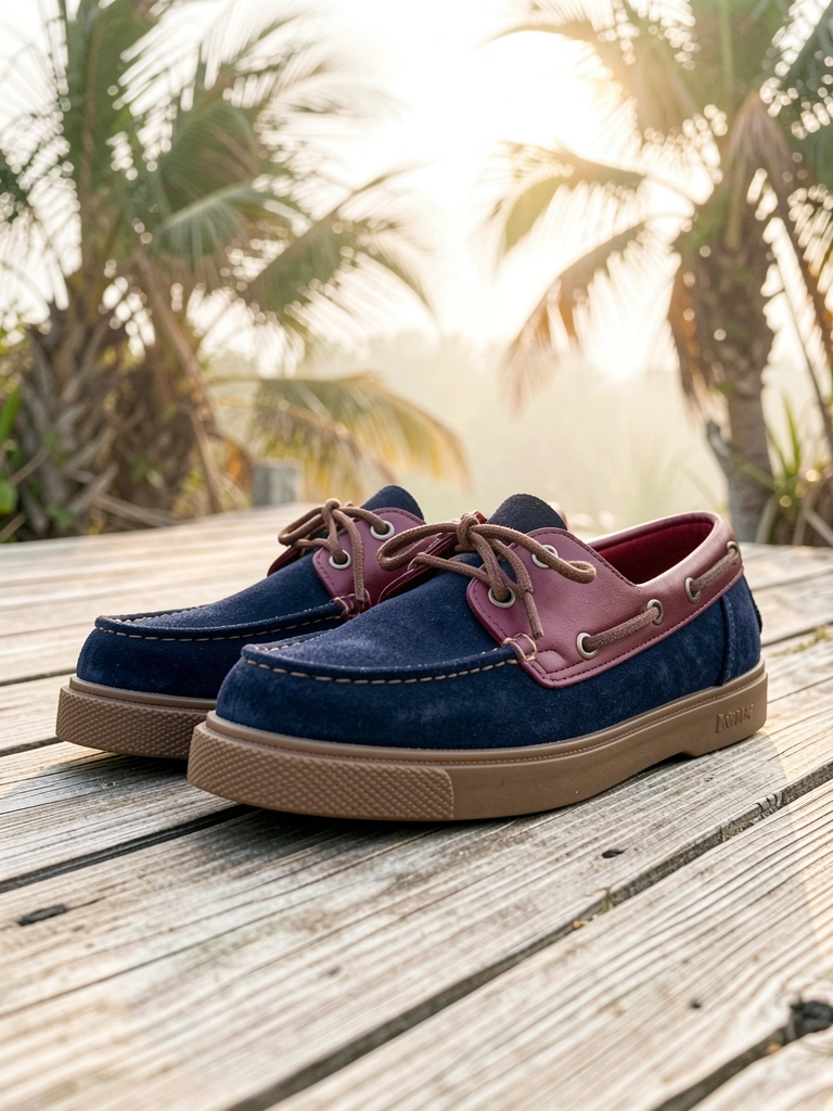 Sapatos de camurça azul-marinho com detalhes em couro vinho, cadarço de corda e solado texturizado sobre um píer de madeira desgastado, sob luz solar difusa e palmeiras ao fundo.