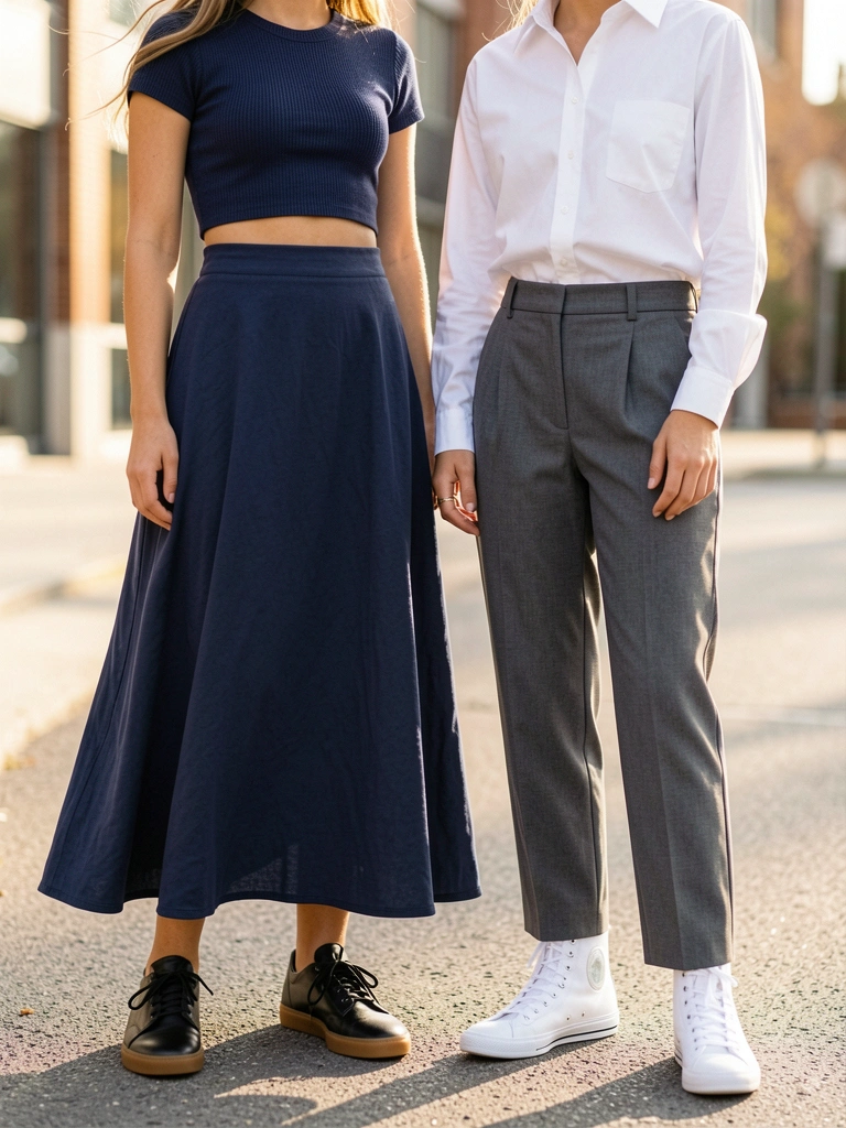 Jovem de top canelado azul escuro e saia midi azul-marinho com tênis preto de couro ao lado de outra de camisa branca e calça cinza com tênis branco, luz natural e fundo urbano.