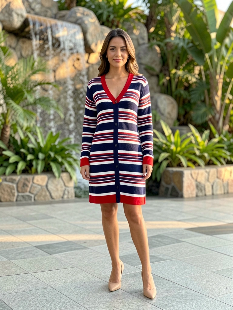 Mulher em vestido listrado azul marinho, branco e vermelho, com gola e punhos vermelhos, em pé sobre piso ladrilhado, com cachoeira de pedra e plantas tropicais ao fundo desfocado, luz solar quente.