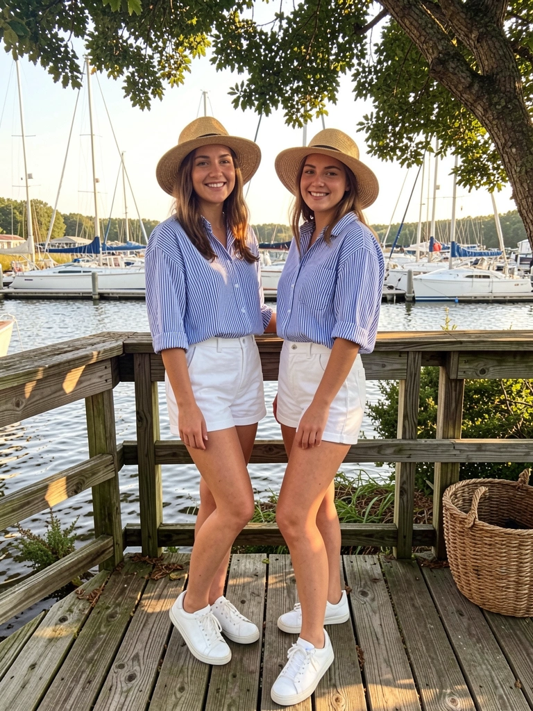 Duas jovens em camisa listrada azul e branca e shorts brancos, sobre cais de madeira com cesto de vime, iates ao fundo e luz solar filtrada por árvores.