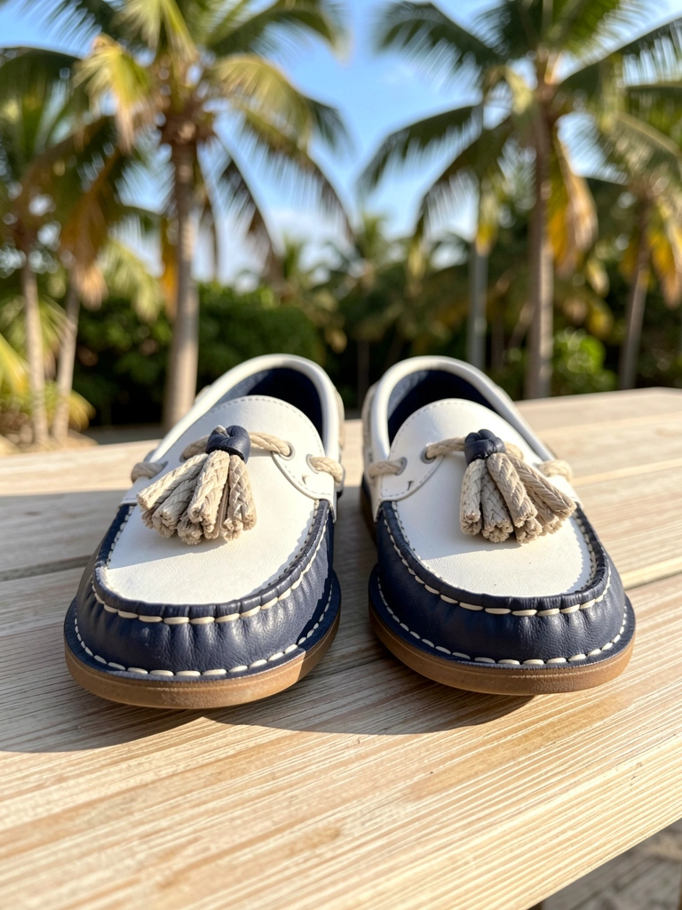 Sapatos Selkie brancos e azuis-marinho com tassel de corda trançada e sola de couro, sobre superfície de madeira clara, luz natural e fundo tropical desfocado.