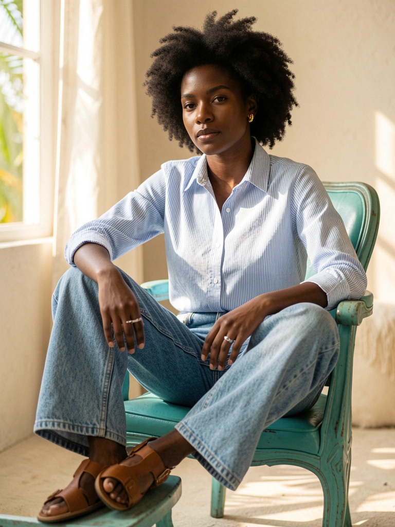 Mulher negra de cabelo crespo em cadeira azul-petróleo, camisa listrada e jeans, luz suave de janela.