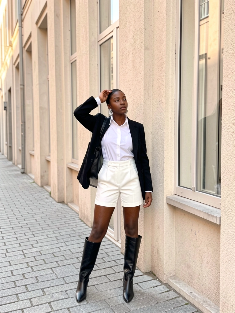 Mulher negra de terno branco e coturno preto encostada em fachada bege com janelas verticais, mão na cabeça e brincos grandes de prata, luz natural de dia.