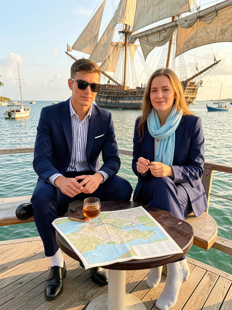 Homem de terno azul-marinho e óculos escuros sentado em mesa redonda com mapa e copo, mulher de terno e cachecol claro ao lado, veleiro ao fundo na água, luz natural tropical.