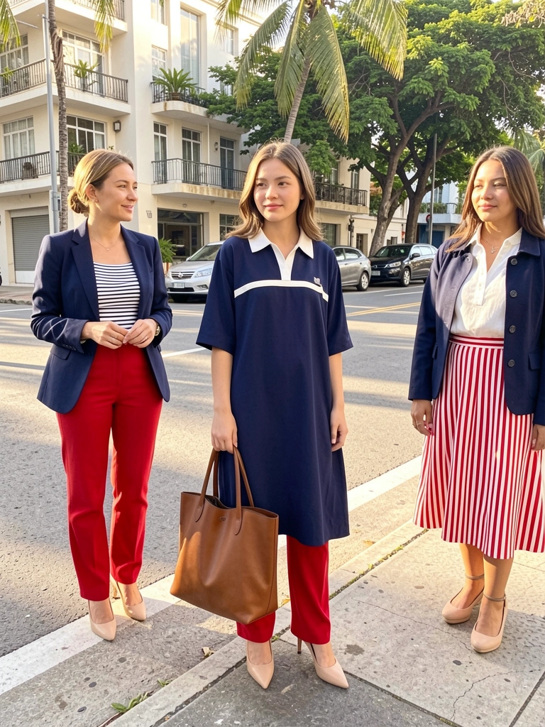 Jovem em vestido azul marinho com gola branca, calça vermelha e bolsa de couro marrom, em esquina ensolarada com prédios e árvores ao fundo.