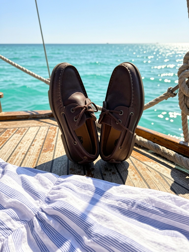 Sapatos marrom-escuros em deck de teca desgastado, vestido listrado branco e azul ao fundo, oceano turquesa e céu azul brilhando ao sol.