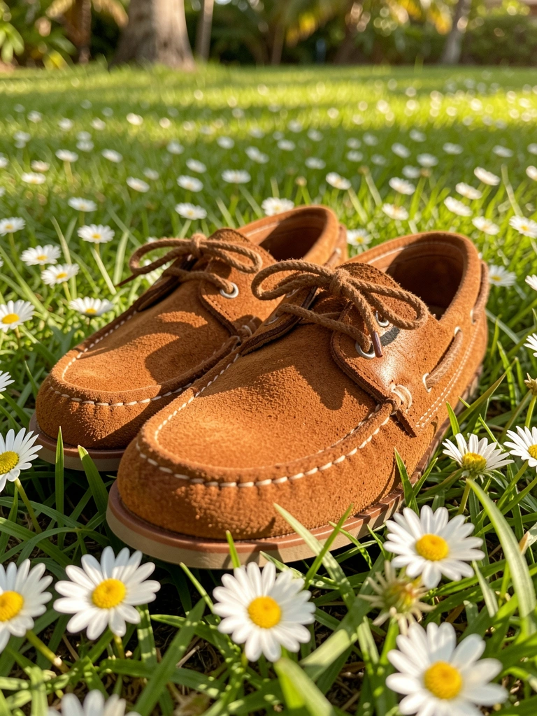 Sapatos marrons de camurça com cadarço de corda sobre grama verde com margaridas brancas, luz natural suave.