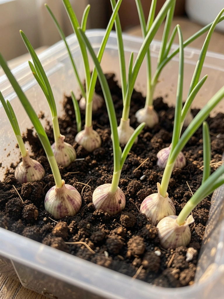 Brotos de alho verdes e finos saindo de terra escura em bandeja plástica transparente, com bulbos parcialmente enterrados.