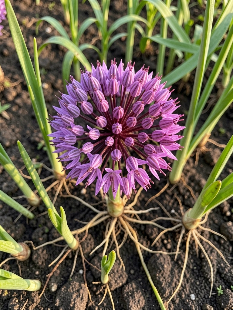 Macro de flor allium roxa com bulbos e brotos verdes com raízes em solo escuro, luz natural suave.