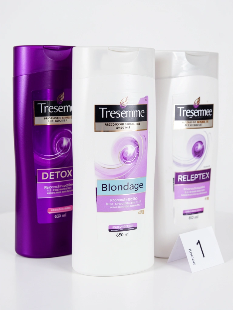 Três frascos de shampoo Tresemme em tons de roxo e branco sobre superfície branca, com etiquetas e destaque para o frasco 