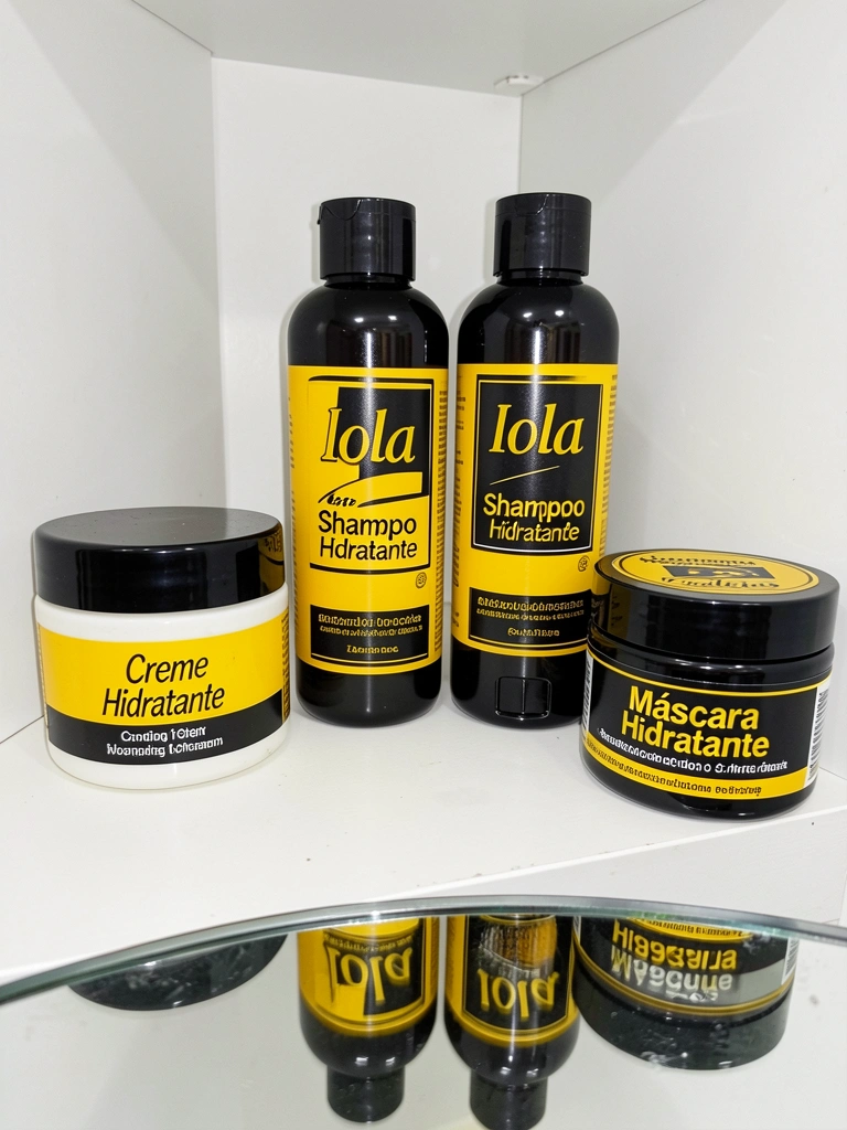 Prateleira branca com potes e frascos de cabelo Iola de rótulos amarelos e pretos, luz uniforme e reflexos no espelho à frente.