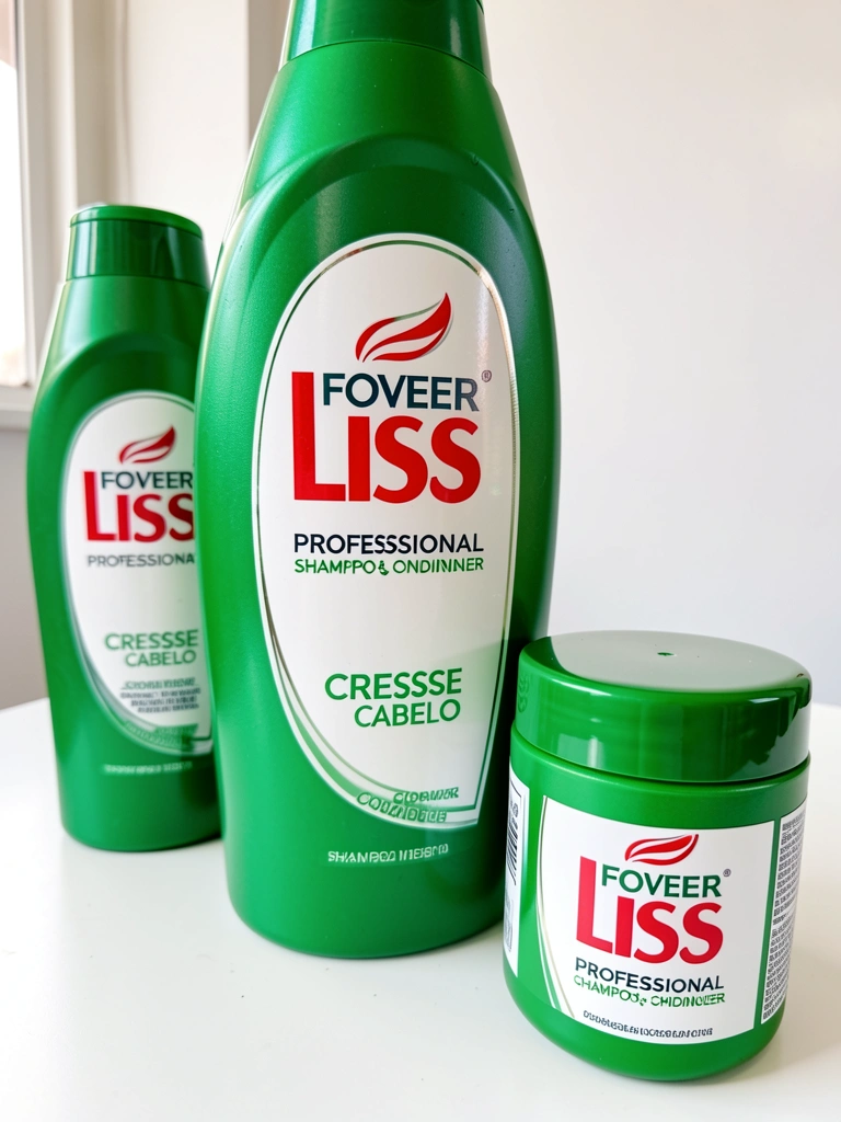 Frasco grande verde de shampoo Forever Liss Cresce Cabelo com tampa branca, ao lado de pote menor de condicionador e outro frasco ao fundo, superfície branca e iluminação natural.
