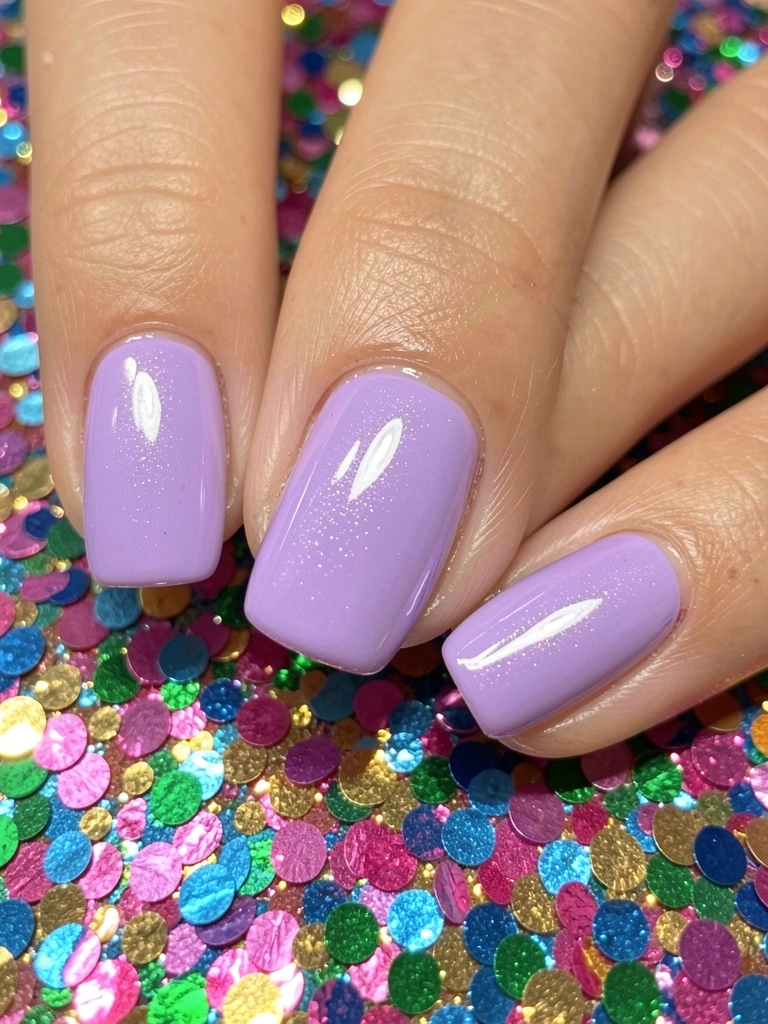 Dez unhas quadradas com esmalte lavanda brilhante e reflexos, sobre fundo de confetes coloridos em rosa, azul, verde e dourado.
