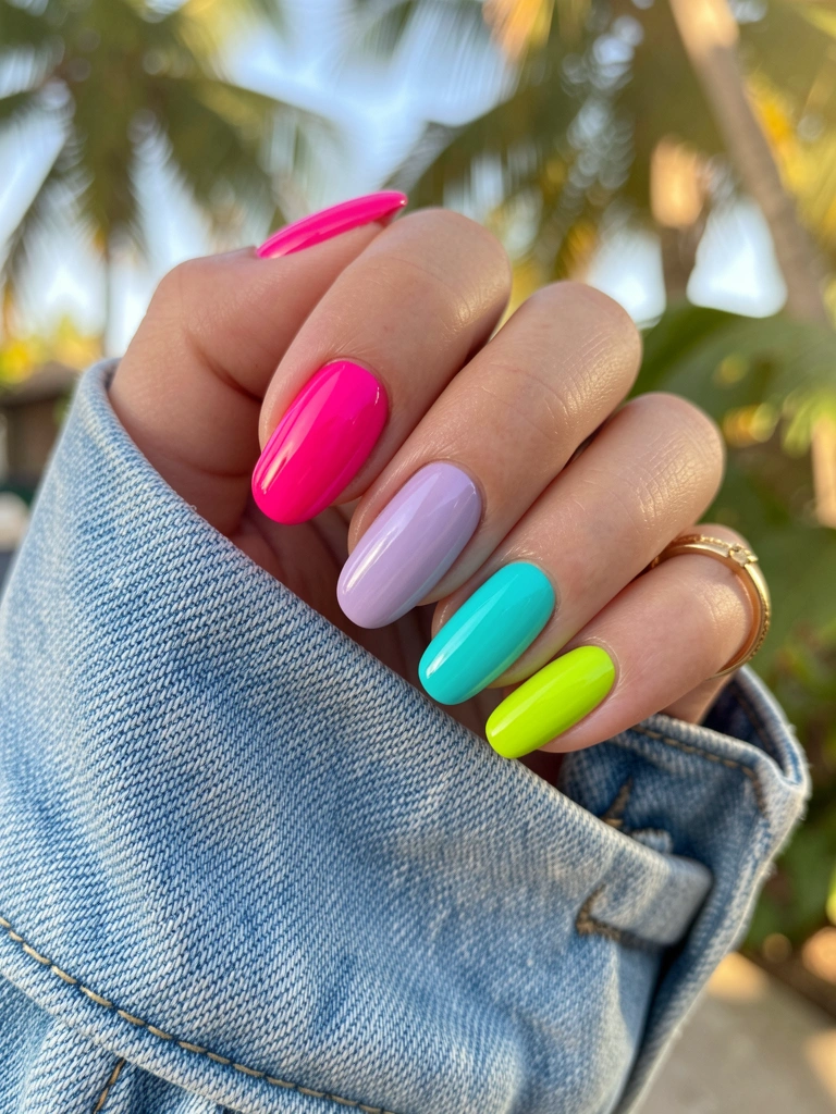 Mão com cinco unhas brilhantes em rosa, fúcsia, lavanda, turquesa e verde-limão, usando jaqueta jeans azul claro com textura visível e anel dourado, luz natural difusa.
