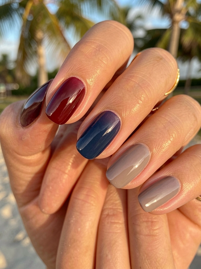 Mãos com unhas pintadas em gradiente de vinho, azul-marinho e malva fosco, anel de ouro e luz natural suave ao fundo.