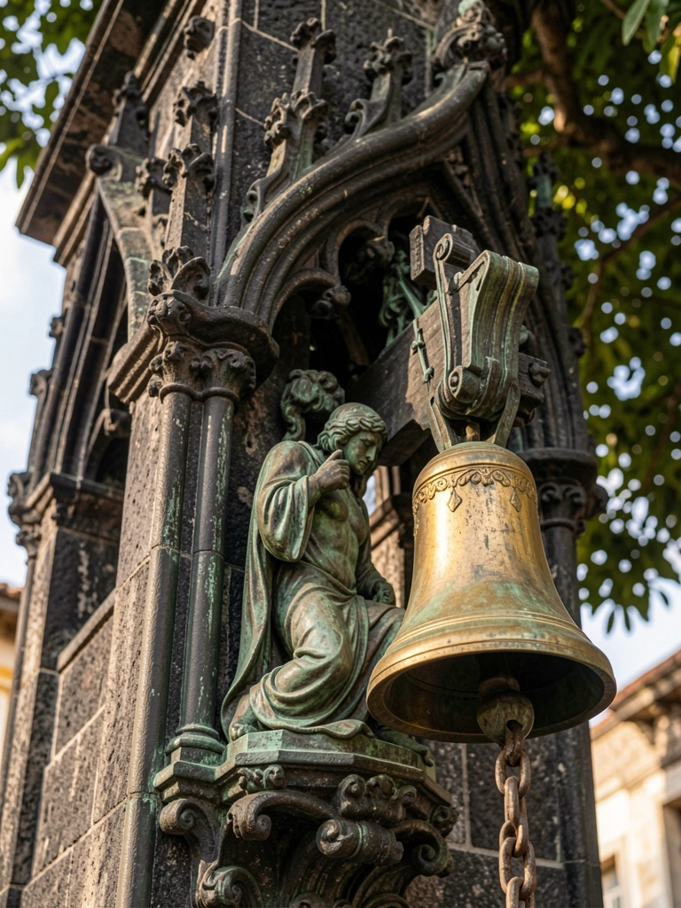 Sino de bronze com pátina dourada pendurado por corrente envelhecida em torre de pedra gótica, estátua de figura ajoelhada esculpida em detalhes, luz natural filtrada.