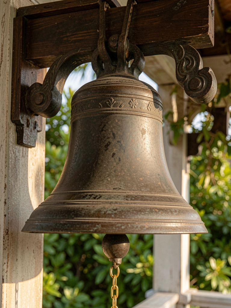 Antigo sino de bronze com pátina escura, alça curvada e badalo proeminente, corrente dourada pendurada em suporte de madeira escura, luz natural e fundo com folhagem verde.