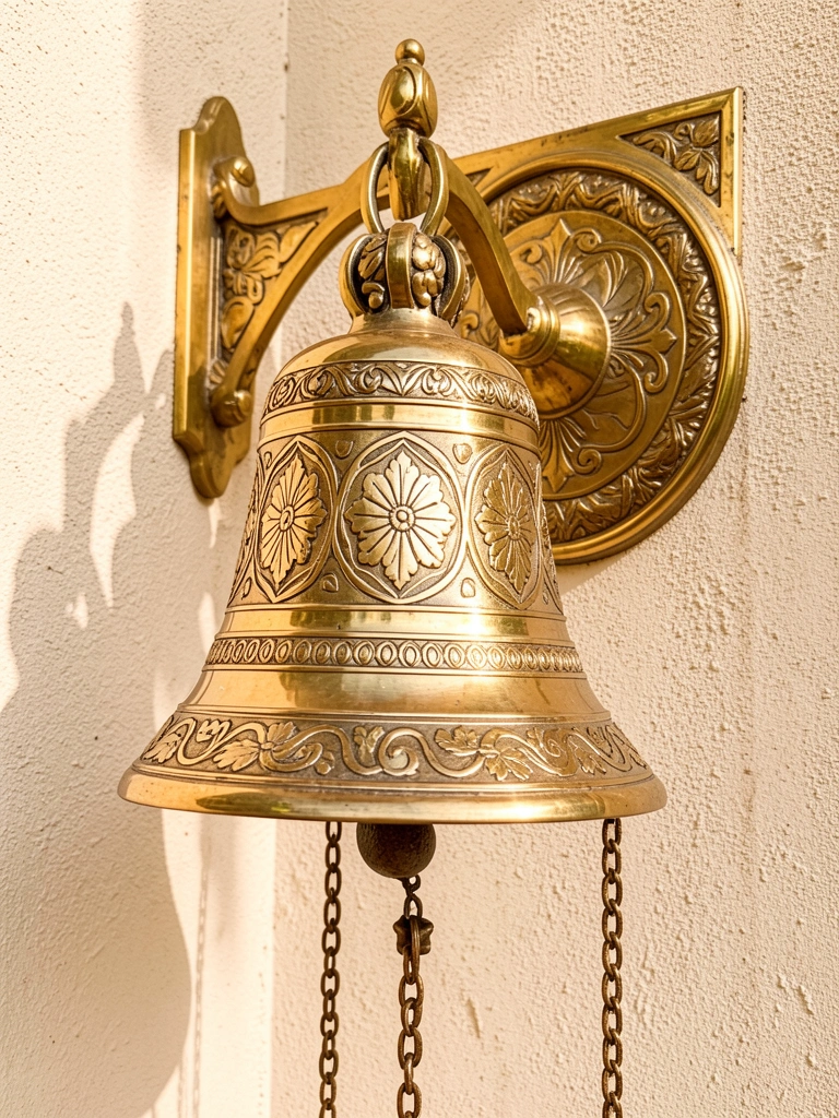 Sino de latão ornamentado pendurado em suporte de parede com entalhes, luz natural difusa e fundo bege texturizado.