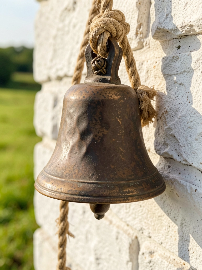 Sino de bronze com pátina escura pendurado por corda de fibra natural em parede de pedra branca, luz natural e fundo desfocado de campo verde.