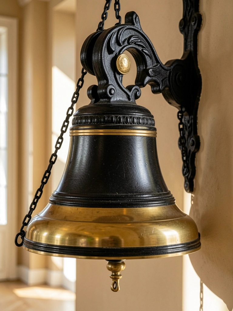 Sino ornamental preto e douado pendurado por corrente fina em parede neutra, luz natural destaca o metal polido e a base esculpida.